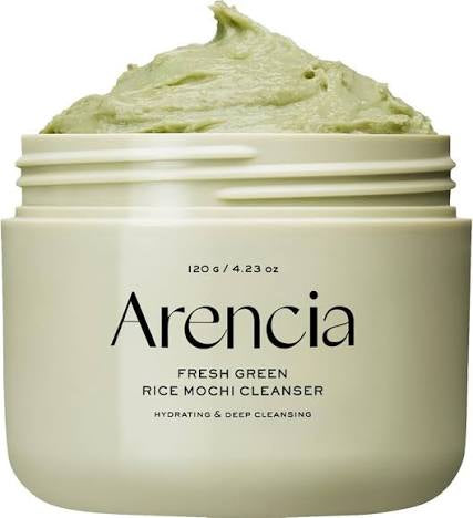 Arencia Fresh Green Rice Mochi Cleanser jar with green cream on a white background