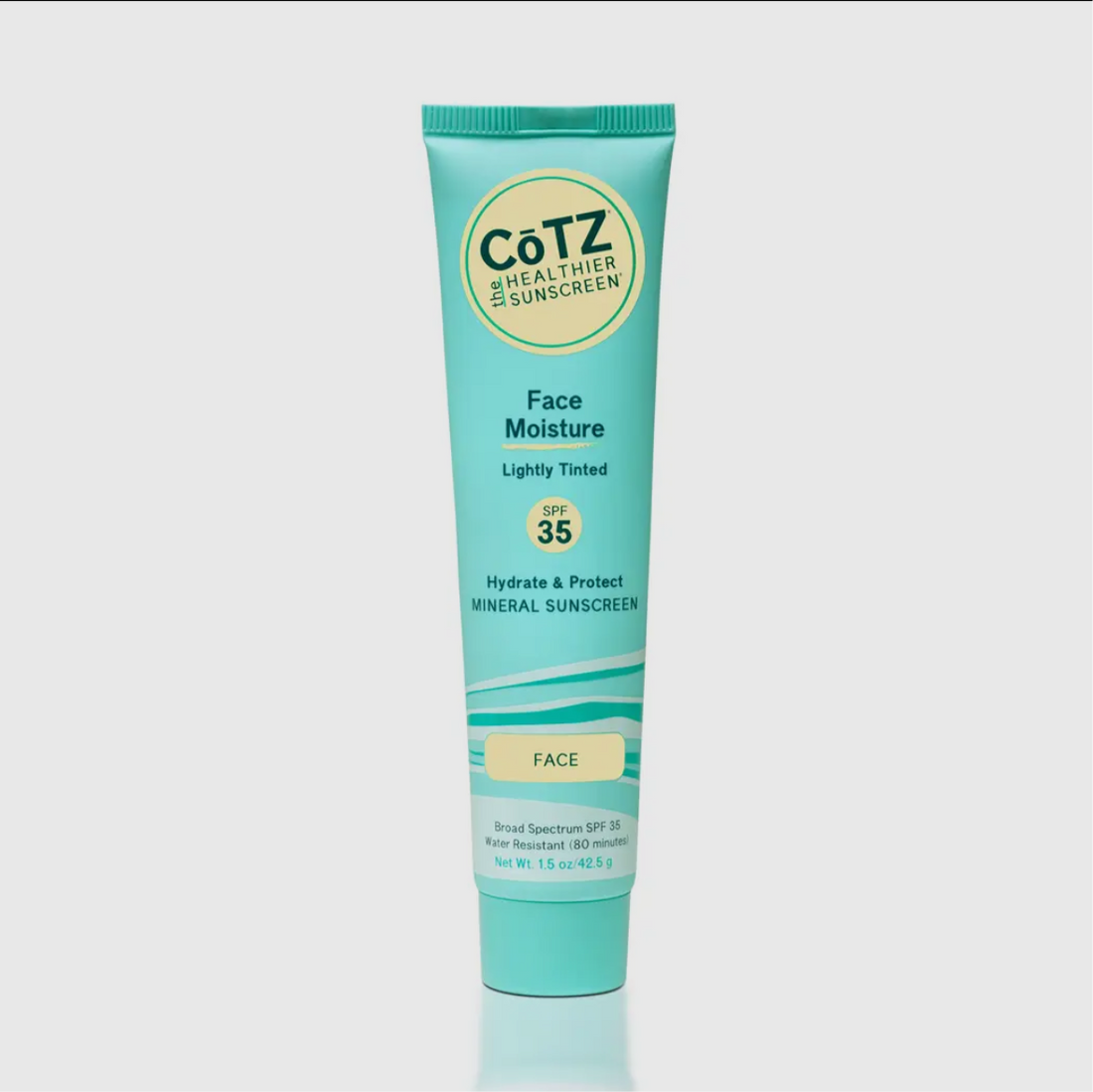 A tube of CoTz Flawless Complexion Lightly Tinted Moisturizer with SPF 50; broad spectrum protection; non-comedogenic; 2.5 oz / 70 g.