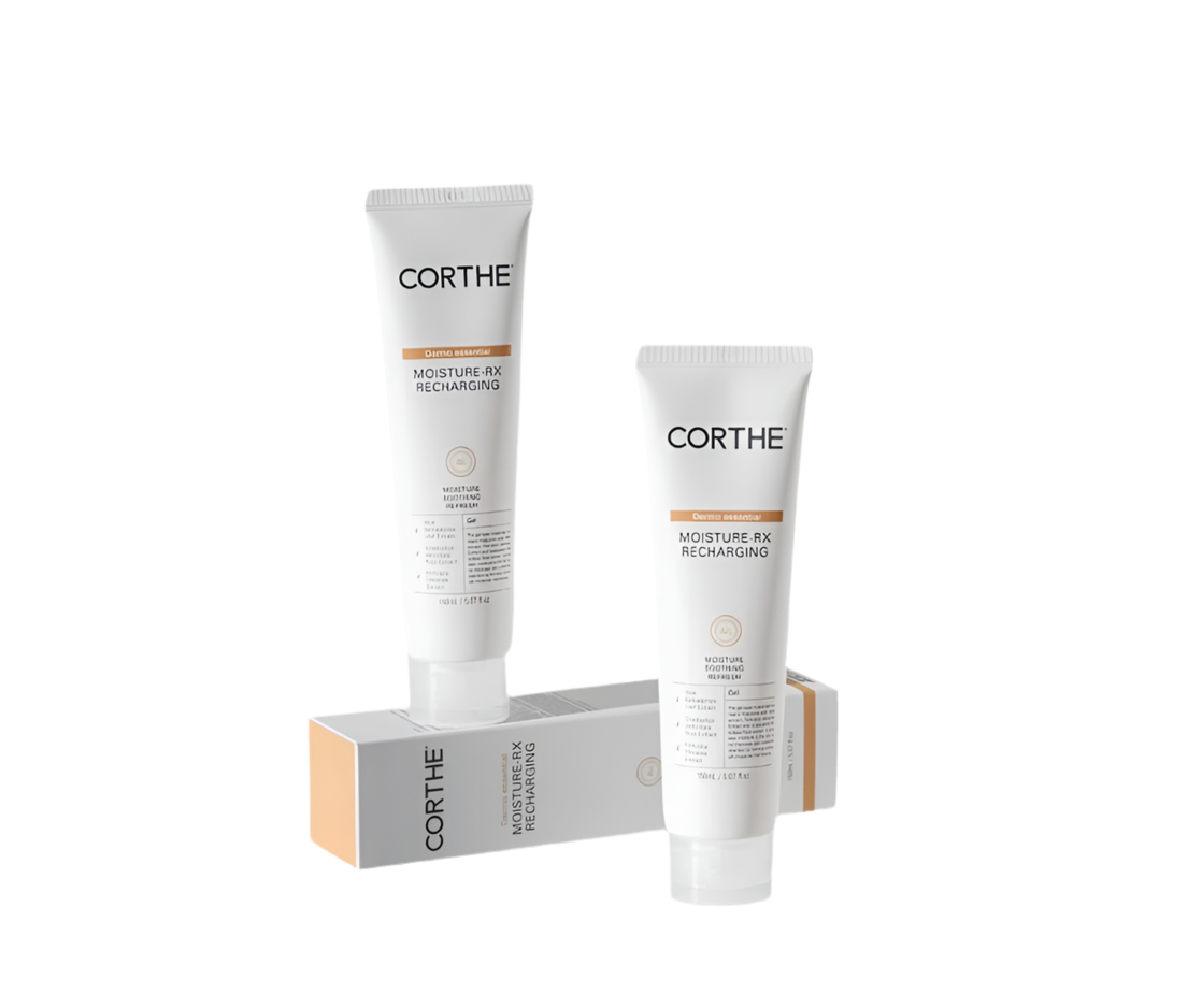 Two tubes of Corthe skincare product with a box on a white background