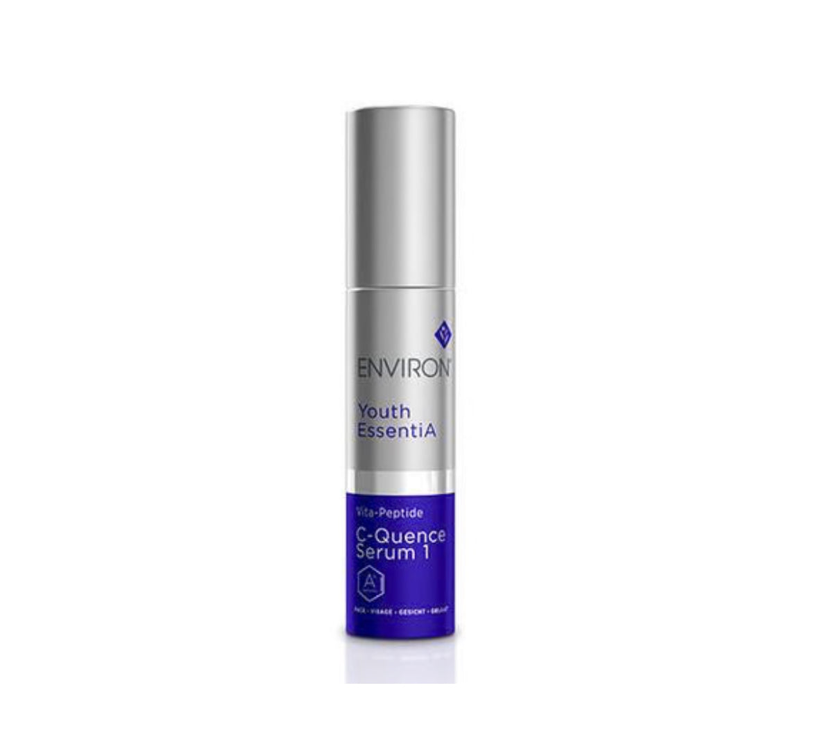 A bottle of Environ Vita-Peptide C-Quence Serum 1 with a silver and blue label.