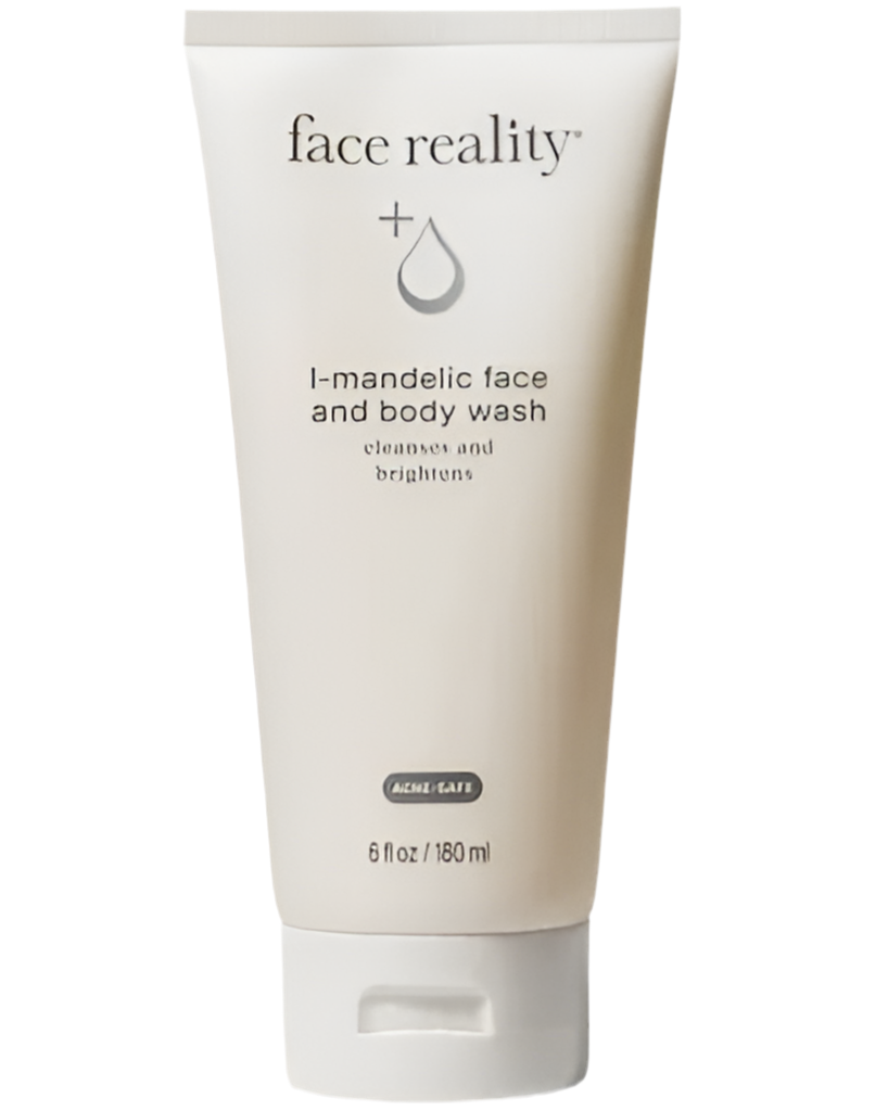 Tube of face reality 1-mandelic face and body wash on a white background