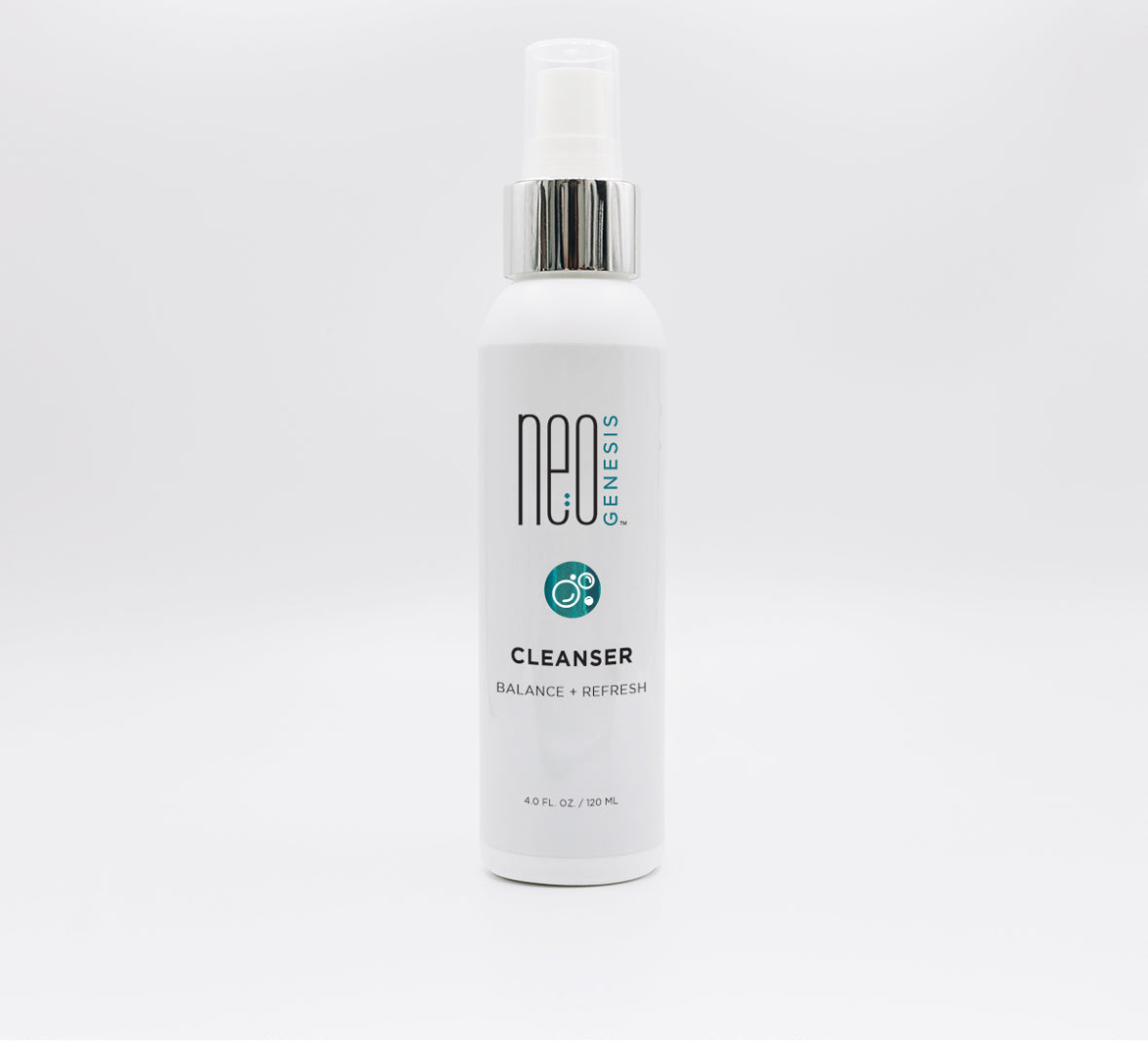 A pump bottle of NEOGENESIS Gentle Cleanser with a white and green label on a white background.