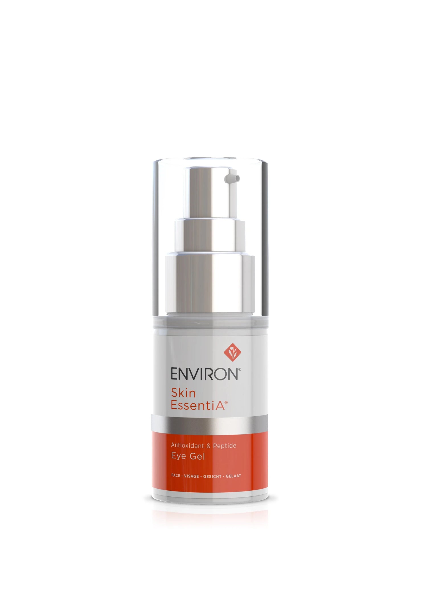 white background, bottle with silver pump of Environ eye gel 