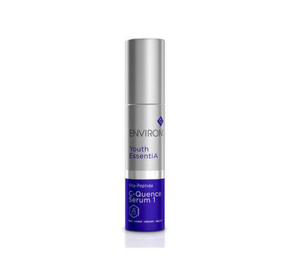 A bottle of Environ Vita-Peptide C-Quence Serum 1 with a silver and blue label.