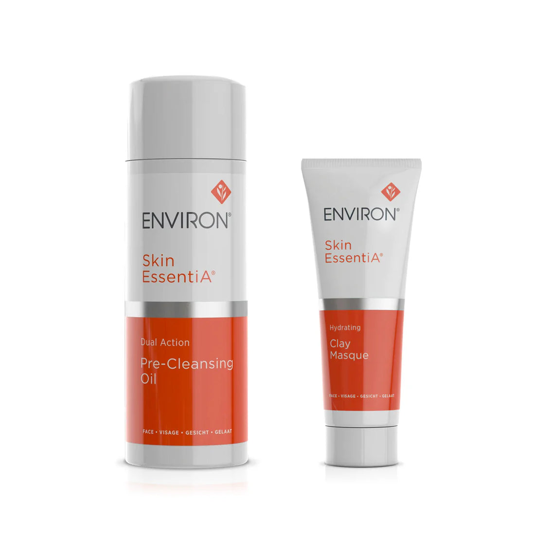 A duo of Environ skin care products, with the pre-cleansing oil in a white tube and the clay mask in a white and orange container.