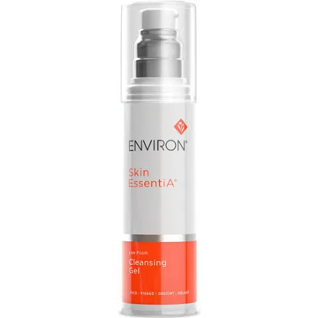 A pump bottle of Environ Low Foaming Cleansing Gel with white and red labeling.