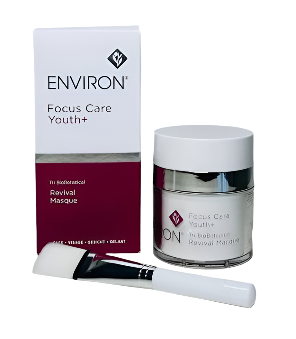 Environ skincare product set including a jar, brush, and packaging on a white background