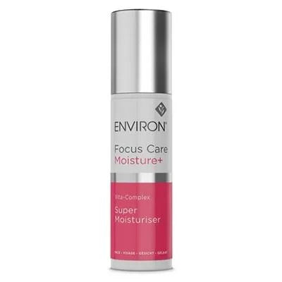 A pump bottle of Environ Vita-Complex Super Moisturizer with a pink label, silver cap and white background.