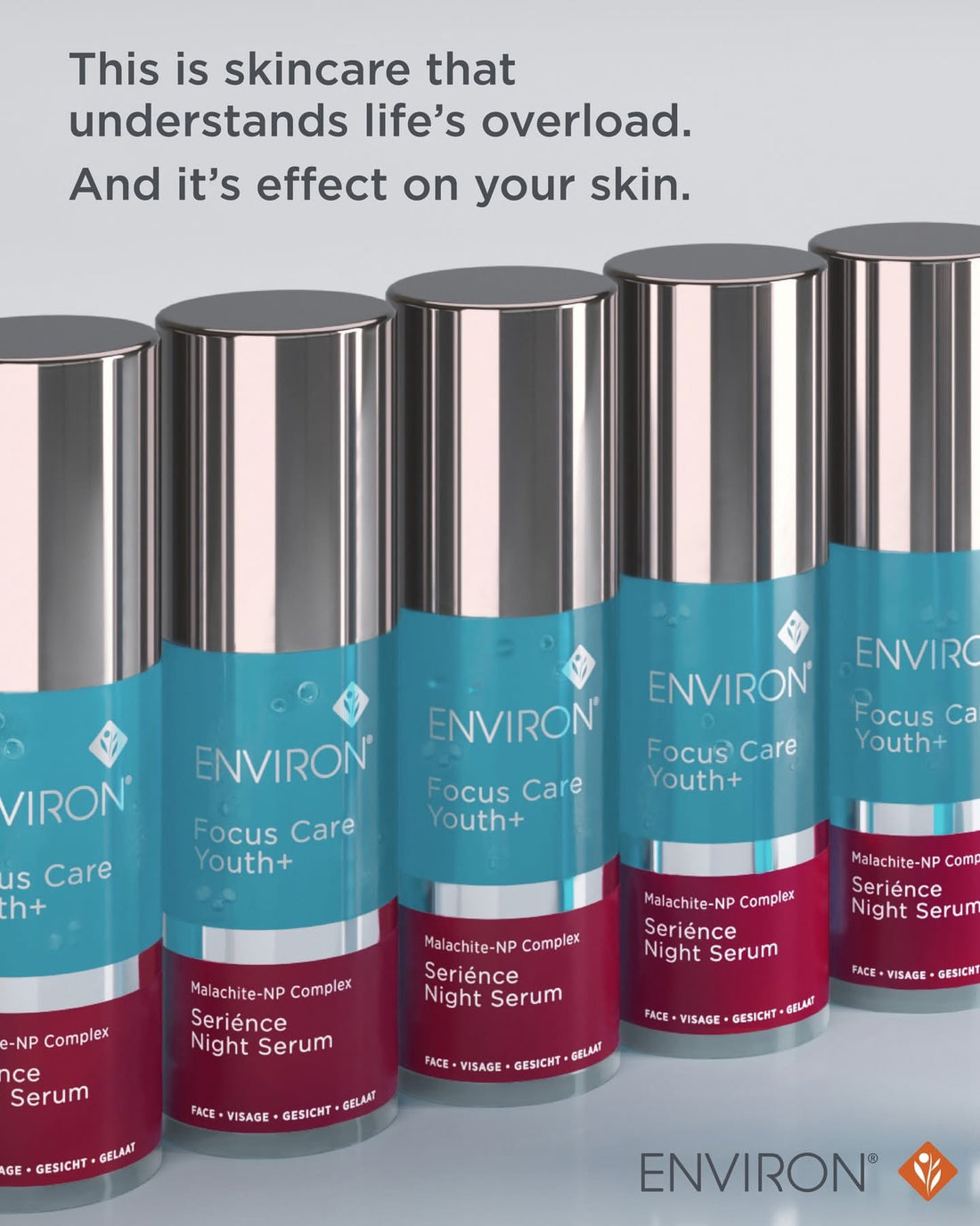 ENVIRON skincare serum bottles with text on a gray background