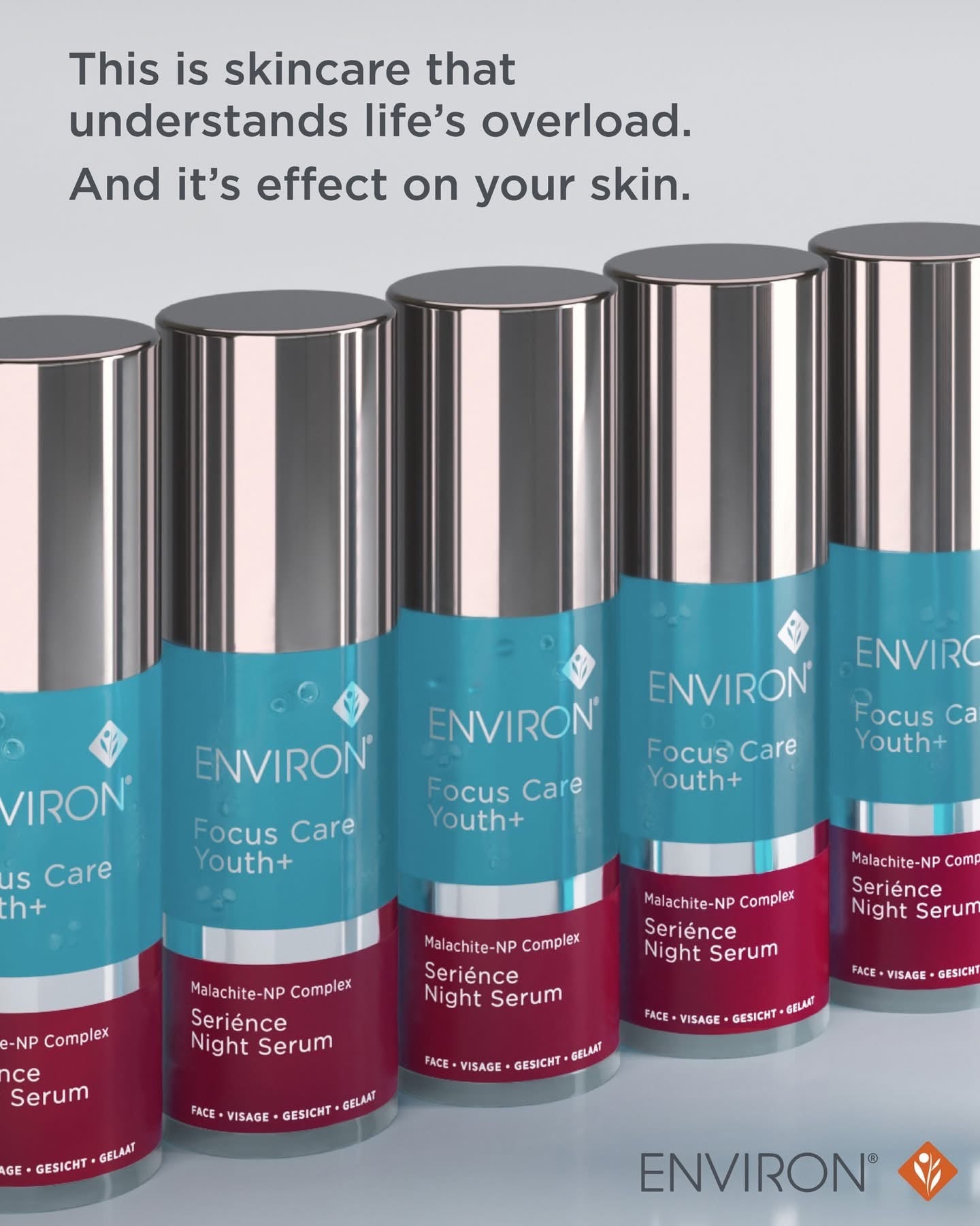 ENVIRON skincare serum bottles with text on a gray background