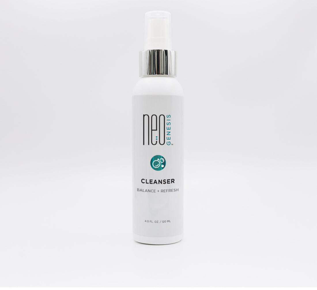 A pump bottle of NEOGENESIS Gentle Cleanser with a white and green label on a white background.